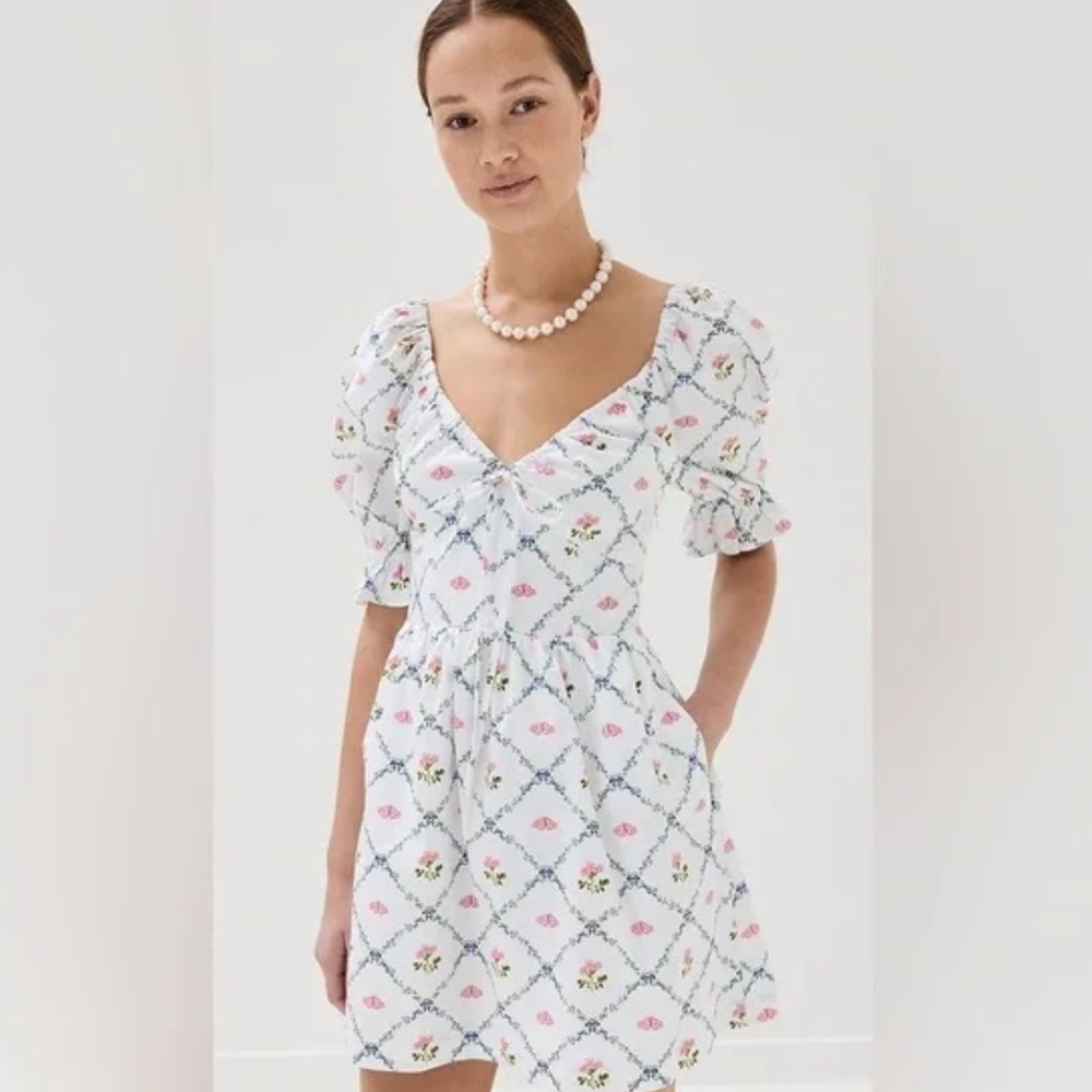 Hill House White Mini Dress with Pink & Green Floral Lattice